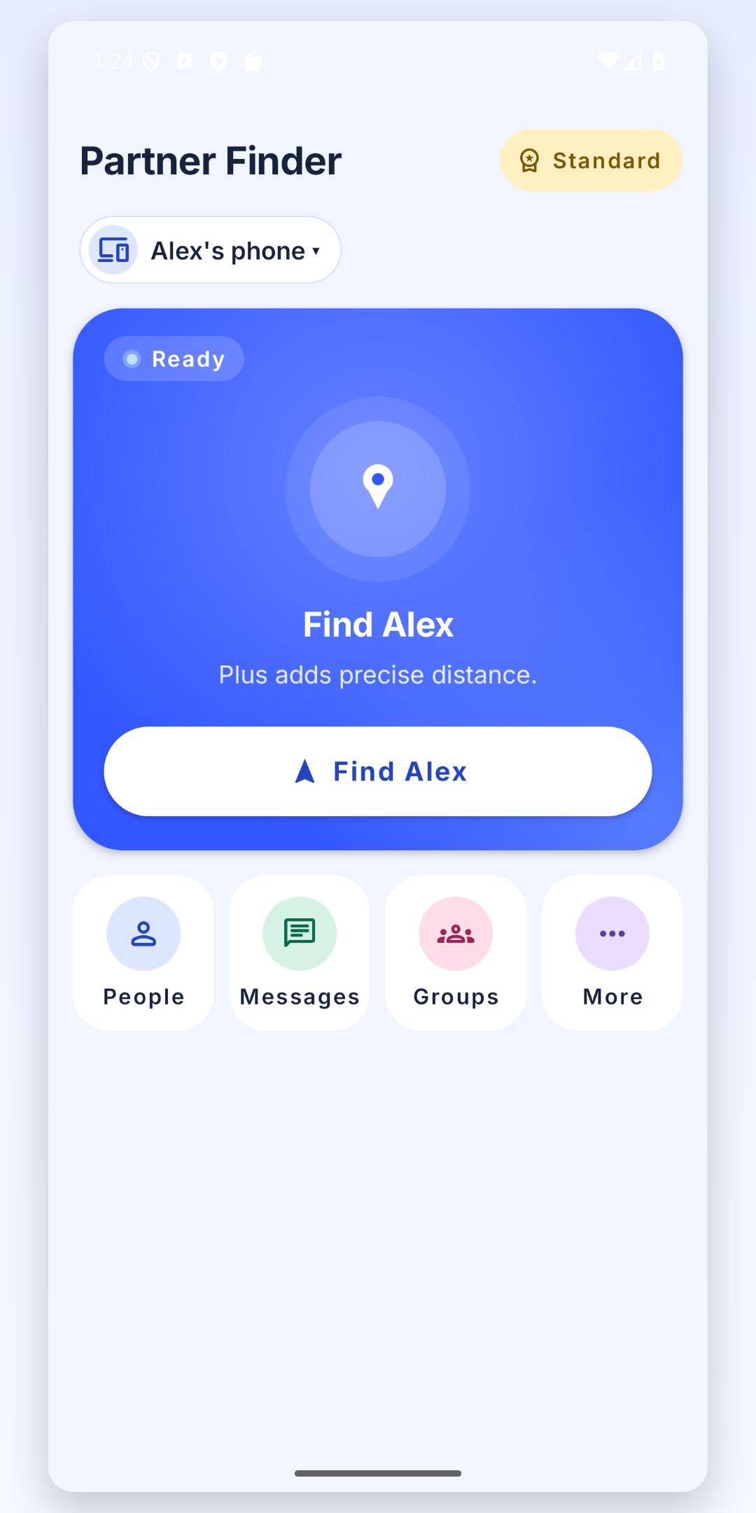 The Partner Finder home screen on a phone: one large Find button and four tiles for People, Messages, Groups and More.